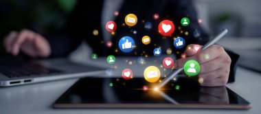 Concept of digital marketing and online communication. A network of user engagement is shown through social media feedback notifications which helps build a strong community. Fermion