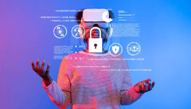 A woman uses a VR headset surrounded by digital graphics highlighting cybersecurity and privacy, illustrating the significance of data protection in technology today. XDMCP