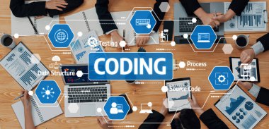 A dynamic collaborative coding session showcasing team members engaging with digital devices, analyzing data, and testing software processes. Ideal for technology and IT themes. Amity