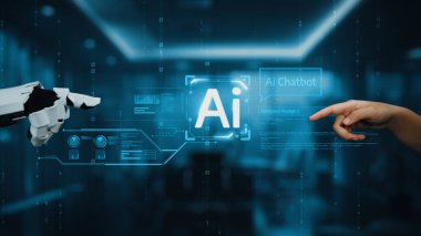 İnsan ve yapay zeka etkileşiminin dinamik bir temsili. Çağdaş bir ofis ortamında sohbet robotu arayüzü içeriyor. Dijital iletişimin evrimini gösteriyor. Auvana