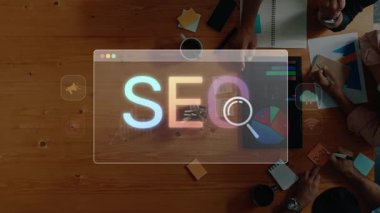 A vibrant digital workspace highlighting SEO strategies with data analysis and team collaboration tools. Perfect for illustrating modern marketing efforts and technology in business. Raster