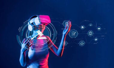 A woman uses virtual reality technology to engage with concepts of compliance, law, and regulation, highlighting the intersection of innovation and professional training. XDMCP