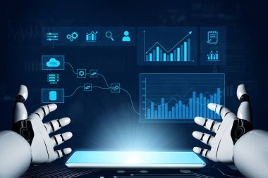 Bulut ve veritabanından iş görüşleri ve performans izleme için otomatik analitik gösterge paneline kusursuz veri entegrasyonunu gösteren yapay zeka arayüzü