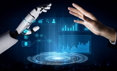 Bulut ve veritabanından iş görüşleri ve performans izleme için otomatik analitik gösterge paneline kusursuz veri entegrasyonunu gösteren yapay zeka arayüzü