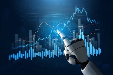 A robotic hand interacts with stock market graphs, showcasing advanced analytics and technology in financial markets. Ideal for themes of innovation and automation in finance. Scalp