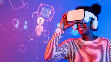 A joyful woman experiences virtual reality sensations while wearing a headset. Bright graphics and playful illustrations enhance the immersive digital environment. Raster