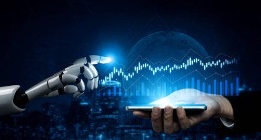 A captivating scene showing a robotic finger and a human hand reaching out to touch a smartphone, symbolizing the fusion of technology and humanity in modern communication. Scalp