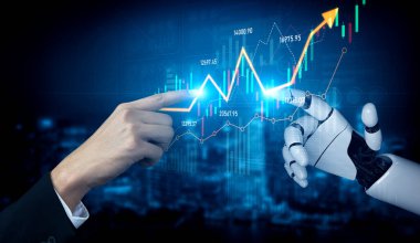 A human hand reaches out to connect with a robotic hand, symbolizing collaboration in finance, with a vibrant stock market graph illustrating growth. Scalp