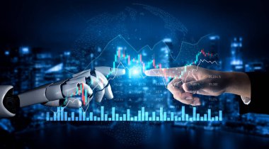 A human hand and a robotic arm connect in a high-tech finance setting, highlighting the blend of human insight and advanced technology in data-driven investment decisions. Scalp
