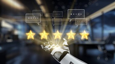 A futuristic robotic hand reaches towards five glowing golden stars, symbolizing excellent feedback, amidst speech bubbles in a sleek, modern office setting. Auvana