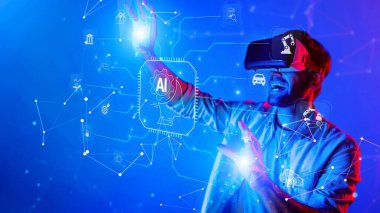 A joyful user engages with virtual reality technology, showcasing an exciting interaction with artificial intelligence interfaces in a vibrant digital environment. Raster