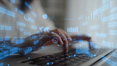 Abstract digital background with hands on keyboard, data visualization on screen, modern technology and analytics concept for business and finance industries xenic.