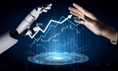 A human hand reaching out to a robotic hand symbolizes the collaboration between technology and finance, reflecting growth and innovation in the digital age. Scalp