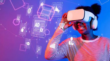 A joyful woman engages with virtual reality technology, showcasing an immersive experience complemented by vibrant digital graphics and interface elements. Raster