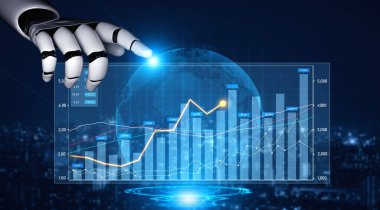 A robotic hand engages with a digital display showcasing financial graphs and data analytics. This image symbolizes technology and innovation enhancing business growth. Scalp