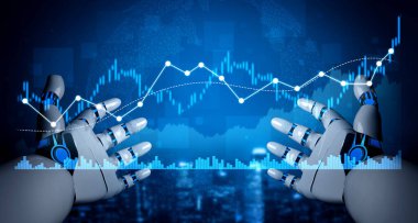 Robotic hands display a dynamic financial growth chart, emphasizing digital technology, data analysis, and innovation in a captivating blue backdrop. Scalp