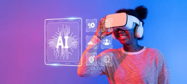 A spirited woman joyfully interacts with a virtual reality headset, engaged in a vibrant atmosphere showcasing AI-themed graphics, illustrating modern technological advancements. XDMCP