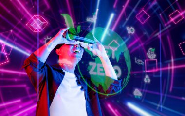 A vibrant virtual reality scene showcasing a young individual immersed in exploring innovative solutions for achieving net zero carbon emissions and promoting sustainable energy practices. XDMCP