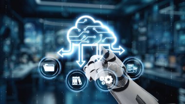 A robotic hand interacts with a digital cloud interface, symbolizing advanced technology, data transfer, and connectivity in a modern office setting. Auvana