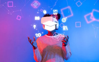 Explore a groundbreaking virtual reality scene showcasing a learner engaged in immersive online education, surrounded by digital symbols representing knowledge and growth. XDMCP