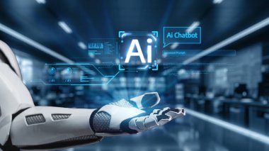 A robotic hand extends to showcase a glowing Ai chatbot interface amidst a sleek, high-tech setting, symbolizing the future of communication and digital interaction. Auvana