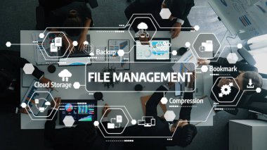 Modern Office Setting for File Management Solutions with Technology Icons and Diverse Professionals Collaborating in a Conference Room. Amity