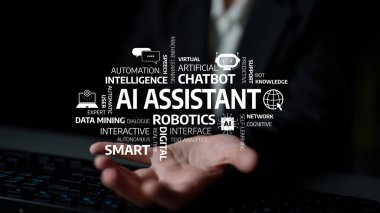 Visual representation of an AI assistant with keywords related to digital technology, robotics, and interaction, highlighting innovation in automation and communication. Tessel