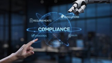 Futuristic Concept of Compliance with Regulations, Requirements, Standards, and Policies in a High-Tech Office Environment Emphasizing Technology Integration Synapse.