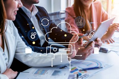 A cloud storage and data synchronization service ecosystem. A concept of cloud computing for file storage, backup, and sharing across devices. Motif