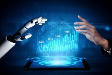 Stratejik planlama ve karar verme kefareti için grafikler ve analizler kullanılarak beş yıl boyunca iş performans eğilimlerinin veri güdümlü projeksiyonunu gösteren yapay zeka tablosu