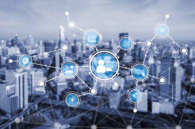 A visually striking representation of digital networks and online communication over an urban landscape. The image highlights the intersection of technology and modern life. Tessel