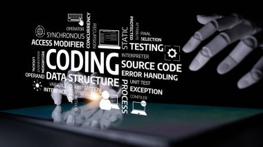 Futuristic scene representing coding concepts with hands interacting on a touchscreen device displaying essential programming terms for software development and problem-solving. Tessel