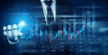 Bir işadamı, finansal büyüme ve yeniliği ön plana çıkaran grafikler, analitikler ve performans ölçümleri gösteren dijital veri eğilimleriyle etkileşime girer. Kafa derisi