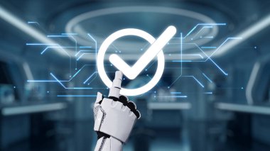 Robot bir el, yüksek teknolojili bir ortamda onay anlamına gelen işaretli bir sembol sergiler. Bu görüntü modern otomasyondaki teknoloji ve yeniliğin özünü yakalar. Auvana