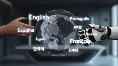 Kültürel sınırlar ötesindeki dil iletişiminin geleceğini sembolize eden, robotik bir ele uzanan bir insan elini gösteren görsel olarak çarpıcı bir görüntü. Auvana
