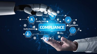 Kalite kontrolü ve güvenceyi sembolize eden dijital simgelerle çevrili robot bir ele uzanan bir insan elinin teknolojiye uyum göstermesi. Tessel