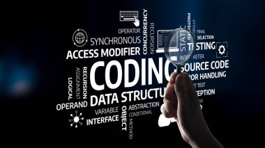 Bu resim, kodlama kavramları üzerinde bir büyüteçle, veri yapılarını ve modern dijital ortamda programlama elemanlarını vurgulayan bir eli gösteriyor. Tessel