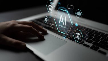 A concept of a global AI virtual assistant. This intelligent agent provides user support through chatbots, performs searches, manages cloud data, and aids in communication. Fermion