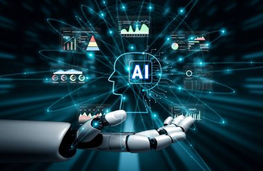 The brain of business intelligence is AI powered data analysis. A concept of a smart system using AI to visualize company metrics. Motif