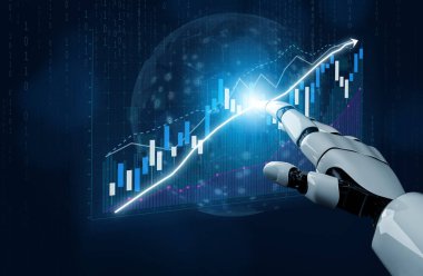 Parlayan dijital bir grafiğe bağlanan robot bir el, teknolojinin, veri analizinin ve gelecekteki gelişimin kesişimini sembolize ediyor. Etki