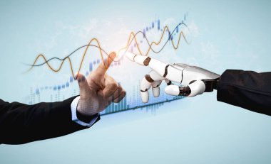 Bir insan eli, gelişmekte olan finans dünyasında teknoloji ve ticaret arasındaki ortaklığı veri görselleştirmesi ile sembolize eden bir robot eliyle etkileşime girer. Kafa derisi