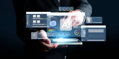 Yapay zeka mühendisliği, büyük veri ve yapay zeka makinesi kavramında yapay zeka beyin işlemcisiyle iş desteği için üretken yapay zeka kullanmayı öğrenen insan etkileşimi. EIDE