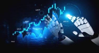 Robotik bir el, parlayan bir dijital finans tablosuyla etkileşime girer, modern, teknoloji odaklı bir ortamda borsa hareketleri ve eğilimleri sergiler. Kafa derisi