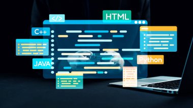 Bir programcı, dijital bir arayüzde çeşitli programlama dili elemanlarıyla kodlama yapmakla meşguldür. Sahne, bir dizüstü bilgisayarla modern bir çalışma alanı yakalıyor. Dörtgen