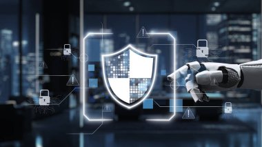 Gelecekçi bir robot el, modern ofis ortamındaki gelişmiş siber güvenliği sembolize eden dijital bir güvenlik kalkanıyla etkileşime girer. Görüntü yenilik ve teknolojiyi ön plana çıkarıyor. Auvana