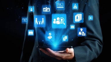 Job search icons show recruitment, HR management, and employee career growth. Job search helps organizations hire talent, job search supports skills, and job search improves workforce. Gist