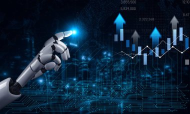 A close-up view of a robotic hand pointing at a digital financial graph with upward trends, highlighting the intersection of technology and finance in modern innovation. Scalp
