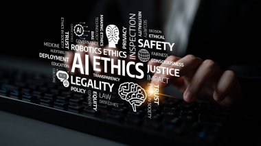 Çeşitli yapay zeka etik kavramlarıyla çevrili, teknolojide adalet, mahremiyet ve güvenliğin önemini vurgulayan bir klavyenin yakın çekimi. Tessel