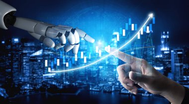 Bu resim, insan eliyle robotik el arasındaki büyüleyici bir etkileşimi yakalıyor, yüksek teknolojili dijital grafikler ve fütüristik şehir silueti üzerine kurulmuş. Etki