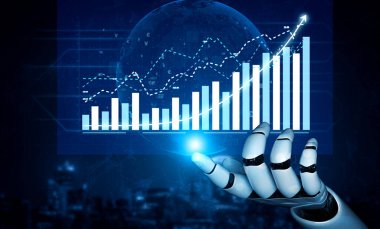 Fütüristik bir robot eli dijital ekranda veri görselleştirmesiyle etkileşime girer, yüksek teknolojili bir ortamda yukarı doğru eğilimleri küresel bir temayla gösterir. Etki